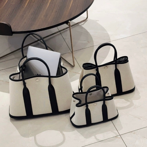 經典款頭層牛皮拼帆布花園包(30cm)